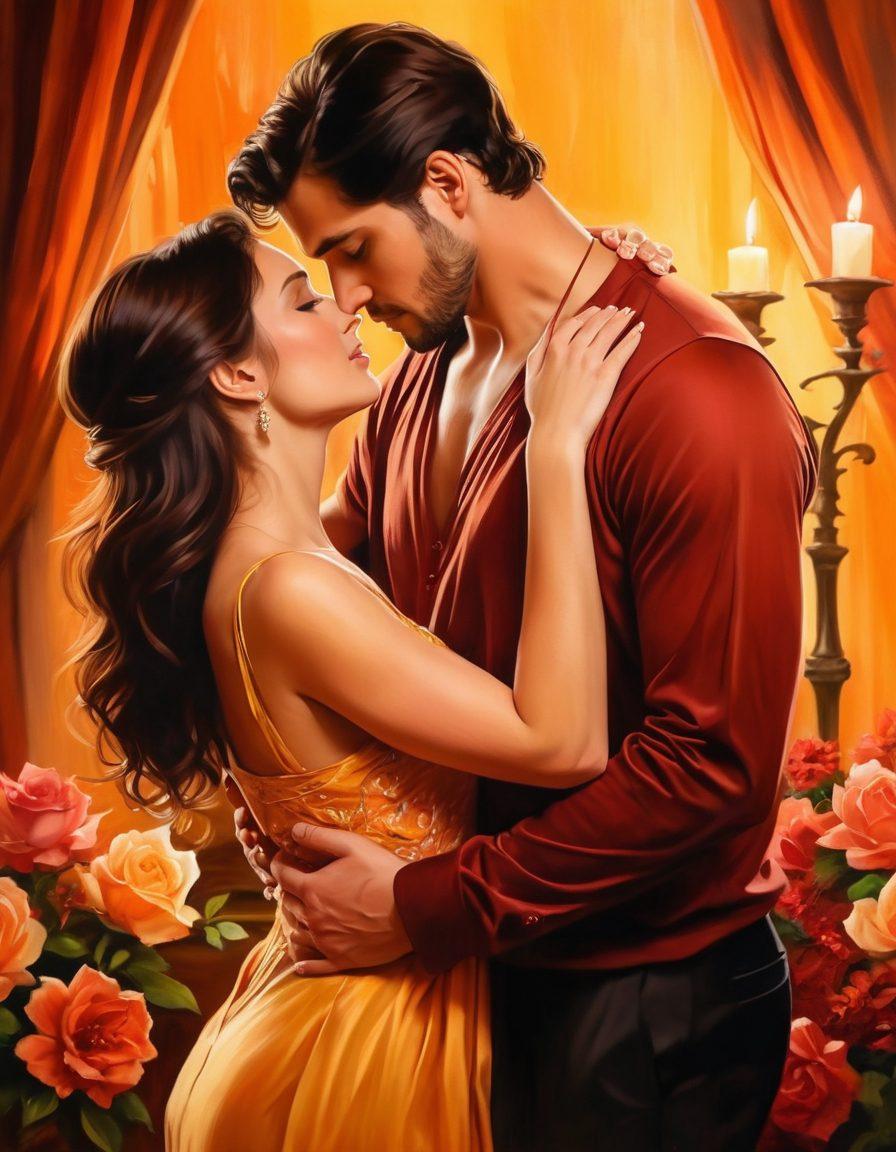 A sensuous and elegant depiction of a couple in an intimate embrace, surrounded by warm and inviting colors that evoke passion. Soft, flowing fabrics and delicate flowers should accentuate the atmosphere of romance. Include hints of candlelight casting gentle shadows to enhance the seductive vibe. The background should be slightly blurred, focusing on the couple's connection. painting. warm tones. intimate ambiance.